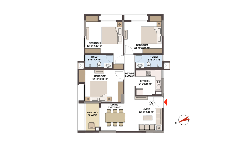 3BHK + 2T Floor Plan