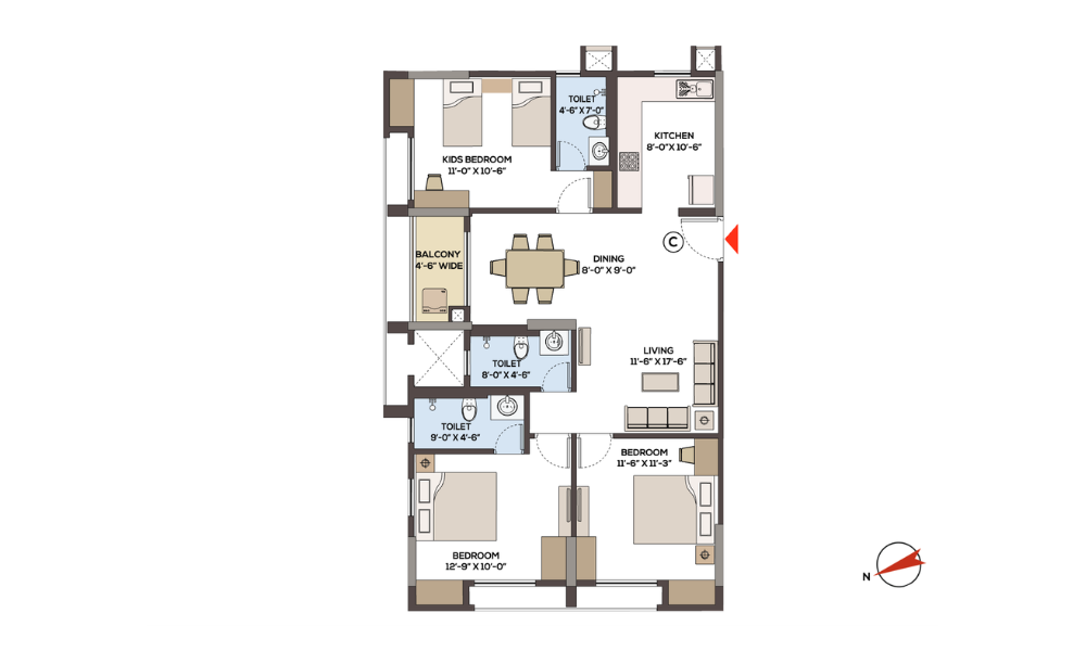 3BHK + 3T Floor Plan